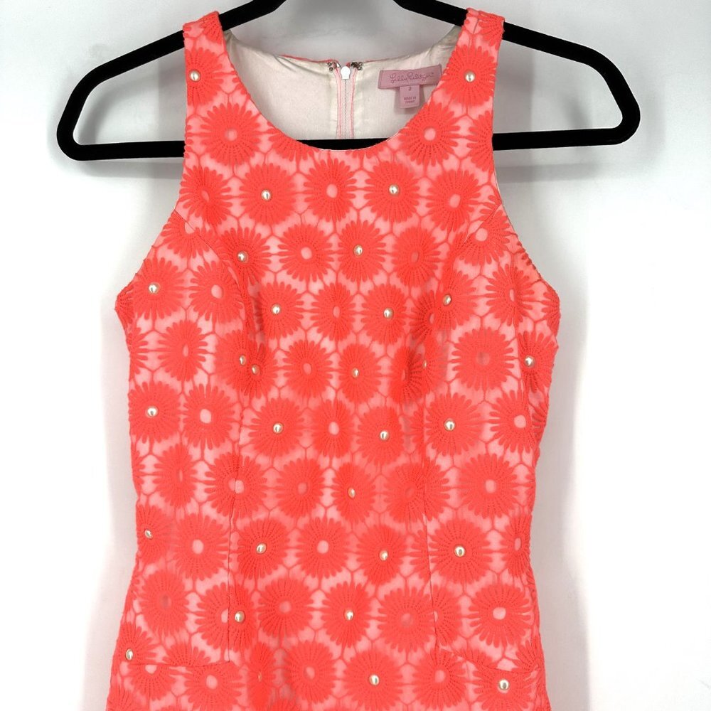 Lilly Pulitzer Pearl Sheath Dress Fluorescent Fiesta Pink Pinwheel Organza 2 - Picture 3 of 10